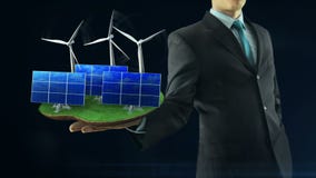 Geschäftsmann hat an Hand grünes Energiekonzeptgestaltanimationssonnenkollektor- und -windmühlenschwarzes stock abbildung Geschäftsmann hat an Hand grünes Energiekonzeptgestaltanimationssonnenkollektor- und -windmühlenschwarzes stock abbildung