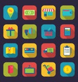 Gesetzte flache bunte Ikonen des E-Commerce-Einkaufssymbols stock abbildung Gesetzte flache bunte Ikonen des E-Commerce-Einkaufssymbols stock abbildung