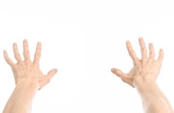 Gesticula o assunto: gestos de mão humanos que mostram a vista de primeira pessoa isolada no fundo branco no estúdio Fotos de Stock Gesticula o assunto: gestos de mão humanos que mostram a vista de primeira pessoa isolada no fundo branco no estúdio Fotos de Stock