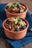Gesundes Frühstück Granola mit neues blueberriein keramischen Platten über Holzoberfläche lizenzfreie stockfotos Gesundes Frühstück Granola mit neues blueberriein keramischen Platten über Holzoberfläche lizenzfreie stockfotos