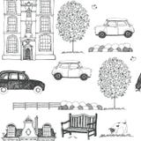 Getrokken schets van een achtergrond van de stadsstraat stock illustratie Getrokken schets van een achtergrond van de stadsstraat stock illustratie