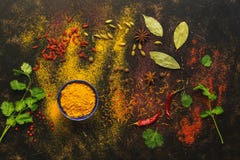 Gewürze auf einem dunklen Hintergrund, Gelbwurz, Safran, Kardamom, Paprikapfeffer, Paprika, Koriander, Lorbeerblatt Eine Vielzahl stockbilder Gewürze auf einem dunklen Hintergrund, Gelbwurz, Safran, Kardamom, Paprikapfeffer, Paprika, Koriander, Lorbeerblatt Eine Vielzahl stockbilder