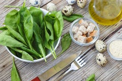 Gezonde de spinaziebladeren van de ontbijt Verse baby Ingrediënten voor spinaziesalade met kwartelseieren Stock Foto Gezonde de spinaziebladeren van de ontbijt Verse baby Ingrediënten voor spinaziesalade met kwartelseieren Stock Foto