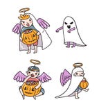 Ghost and angels with pumpkin and sweets on the white background. Trick or treat vector illustration. royalty free illustration Ghost and angels with pumpkin and sweets on the white background. Trick or treat vector illustration. royalty free illustration