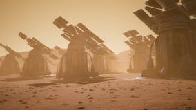 Giant solar panels on the surface of Mars during a dust storm. Panoramic landscape on the surface of Mars. Realistic