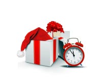 Gift Boxes With Santa Hat And Clock Stock Photography Gift Boxes With Santa Hat And Clock Stock Photography