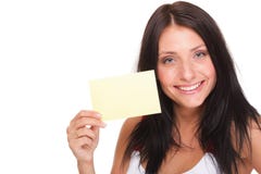 Gift card. Excited woman showing empty blank paper card sign Stock Photos Gift card. Excited woman showing empty blank paper card sign Stock Photos