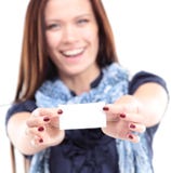 Gift card. Excited woman showing empty blank paper card sign Stock Photography Gift card. Excited woman showing empty blank paper card sign Stock Photography