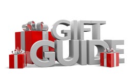 Gift guide text and three red Christmas gifts wrapped in silver ribbons stock illustration Gift guide text and three red Christmas gifts wrapped in silver ribbons stock illustration