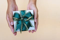Giftdoos in handen die voor het thankgiving geven stock foto's Giftdoos in handen die voor het thankgiving geven stock foto's