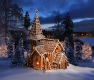 Gingerbread church on snowy Christmas night landscape stock photo Gingerbread church on snowy Christmas night landscape stock photo
