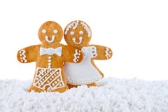 Gingerbread cookies, gingerbread men in the snow isolated on white background, greeting card template royalty free stock photo Gingerbread cookies, gingerbread men in the snow isolated on white background, greeting card template royalty free stock photo