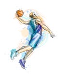 Giocatore di pallacanestro astratto con la palla da una spruzzata dell'acquerello illustrazione vettoriale Giocatore di pallacanestro astratto con la palla da una spruzzata dell'acquerello illustrazione vettoriale