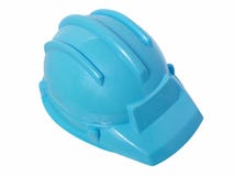 Giocattoli: Casco di plastica blu luminoso della costruzione immagine stock libera da diritti Giocattoli: Casco di plastica blu luminoso della costruzione immagine stock libera da diritti