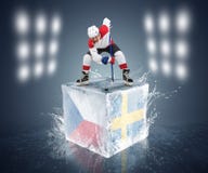 Gioco della repubblica Ceca - Svezia. Giocatore del fronte-fuori sul cubetto di ghiaccio. Immagine Stock Gioco della repubblica Ceca - Svezia. Giocatore del fronte-fuori sul cubetto di ghiaccio. Immagine Stock