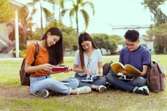 Giovane asiatico degli studenti che legge insieme studio del libro immagine stock libera da diritti Giovane asiatico degli studenti che legge insieme studio del libro immagine stock libera da diritti