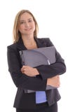Giovane computer portatile felice della holding della donna di affari fotografia stock libera da diritti Giovane computer portatile felice della holding della donna di affari fotografia stock libera da diritti
