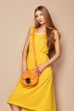 Giovane donna bionda in vestito giallo da estate della primavera fotografia stock Giovane donna bionda in vestito giallo da estate della primavera fotografia stock