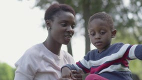 Giovane donna graziosa afroamericana sveglia adorabile del ritratto che si siede sulla coperta con il suo piccolo figlio nel parc video d archivio Giovane donna graziosa afroamericana sveglia adorabile del ritratto che si siede sulla coperta con il suo piccolo figlio nel parc video d archivio