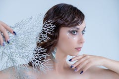 Giovane donna nel trucco artistico d'argento creativo Rami d'argento e bianchi eleganti di posa della regina leggiadramente del g immagine stock Giovane donna nel trucco artistico d'argento creativo Rami d'argento e bianchi eleganti di posa della regina leggiadramente del g immagine stock