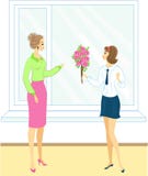 Giovane scolara con i fiori rose La ragazza dà un mazzo all'insegnante a scuola, nell'aula, vicino alla finestra E illustrazione di stock Giovane scolara con i fiori rose La ragazza dà un mazzo all'insegnante a scuola, nell'aula, vicino alla finestra E illustrazione di stock