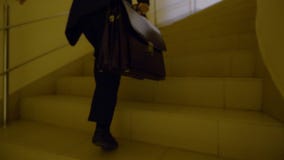 Giovane scolaro con la cartella che cammina di sopra il corridoio della scuola Giovane uomo d'affari che precipita per incontrars archivi video Giovane scolaro con la cartella che cammina di sopra il corridoio della scuola Giovane uomo d'affari che precipita per incontrars archivi video