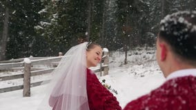 Giovane sposa che corre alla foresta che chiede allo sposo di seguirla e divertiresi al rancho nell'ambito delle precipitazioni n video d archivio Giovane sposa che corre alla foresta che chiede allo sposo di seguirla e divertiresi al rancho nell'ambito delle precipitazioni n video d archivio