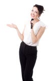 Giovane ufficiale di corte femminile con il microfono su fondo bianco fotografia stock libera da diritti Giovane ufficiale di corte femminile con il microfono su fondo bianco fotografia stock libera da diritti