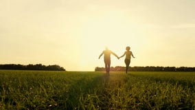 Giovani coppie felici che si tengono per mano, passando un ampio campo su un fondo di tramonto villaggio Un uomo e un funzionamen video d archivio Giovani coppie felici che si tengono per mano, passando un ampio campo su un fondo di tramonto villaggio Un uomo e un funzionamen video d archivio