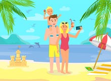 Giovani genitori sorridenti con il figlio su Sandy Beach illustrazione vettoriale Giovani genitori sorridenti con il figlio su Sandy Beach illustrazione vettoriale