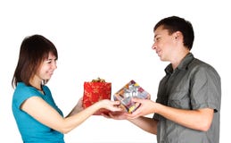 Girl And Man Present Gifts To Each Other Stock Photography
