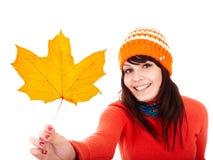 Girl in autumn orange maple leaf. Fall discount. royalty free stock photography Girl in autumn orange maple leaf. Fall discount. royalty free stock photography