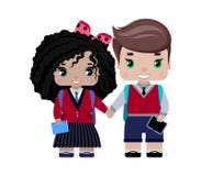 girl and boy students in school uniform, with backpacks, a book, an electronic textbook, a tablet royalty free illustration girl and boy students in school uniform, with backpacks, a book, an electronic textbook, a tablet royalty free illustration