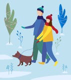 girl and boy walking a dog in winter park. family walk. Flat illustration royalty free illustration girl and boy walking a dog in winter park. family walk. Flat illustration royalty free illustration