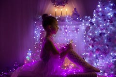 Girl Child, Christmas Tree Lights, Kid In Holiday Night Stock Photo Girl Child, Christmas Tree Lights, Kid In Holiday Night Stock Photo
