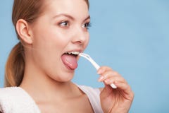 Girl Cleaning Tongue. Dental Care Oral Hygiene. Stock Photography