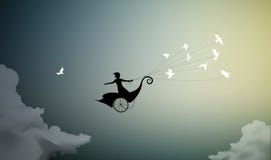Girl is flying on fairy carriage and holding flock of pigeons, fly to the sun, stock illustration Girl is flying on fairy carriage and holding flock of pigeons, fly to the sun, stock illustration