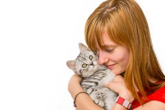Girl Hugging Young Silver Tabby Cat Royalty Free Stock Image