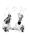 Girl In A Raincoat And A Boy In Shorts And A T-shirt Rejoice In The Rain Royalty Free Stock Photo
