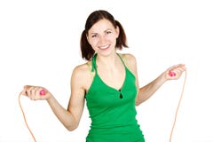 Girl In Green Shirt With Skipping Rope, Smiling Stock Images Girl In Green Shirt With Skipping Rope, Smiling Stock Images