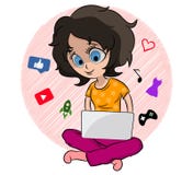 Girl with laptop performs various actions. Vector girl with laptop. Cartoon lady. Colorful illustration. Funny personage. Cute wom stock illustration Girl with laptop performs various actions. Vector girl with laptop. Cartoon lady. Colorful illustration. Funny personage. Cute wom stock illustration