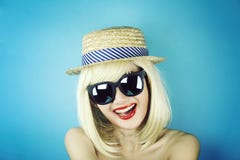 Girl Party, Young woman with sunglasses, Funny girl wearing sunglasses and party hat. royalty free stock photography Girl Party, Young woman with sunglasses, Funny girl wearing sunglasses and party hat. royalty free stock photography