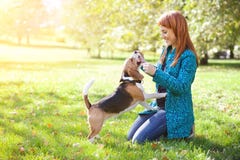 Girl Playing With Her Dog In Autumn Park Stock Photo