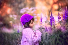 Girl portrait with lupine flowers