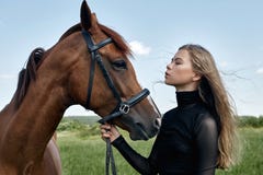 Girl rider stands next to the horse in the field. Fashion portrait of a woman and the mares are horses in the village in the grass royalty free stock photography Girl rider stands next to the horse in the field. Fashion portrait of a woman and the mares are horses in the village in the grass royalty free stock photography