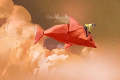 Girl riding on the origami paper red fish royalty free illustration Girl riding on the origami paper red fish royalty free illustration