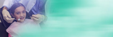 Girl about to get dentist check up and blurry teal transition Royalty Free Stock Image Girl about to get dentist check up and blurry teal transition Royalty Free Stock Image