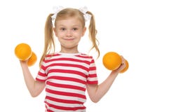 Girl Trains Fitness Dumbbells Of Oranges Stock Photo