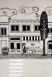 Girl walking her dog in front of French pastry royalty free illustration Girl walking her dog in front of French pastry royalty free illustration