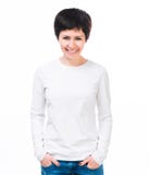 Girl in white t-shirt with long sleeve Royalty Free Stock Image Girl in white t-shirt with long sleeve Royalty Free Stock Image